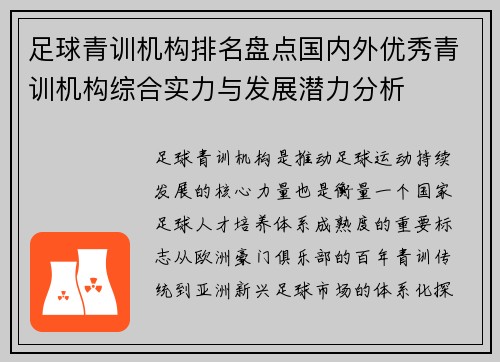 足球青训机构排名盘点国内外优秀青训机构综合实力与发展潜力分析